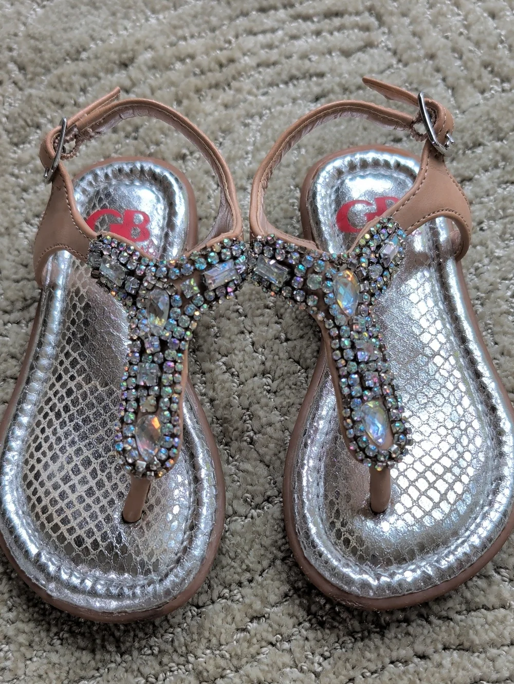 Girls Jeweled T-Strap Sandals in Nude with Iridescent Accents